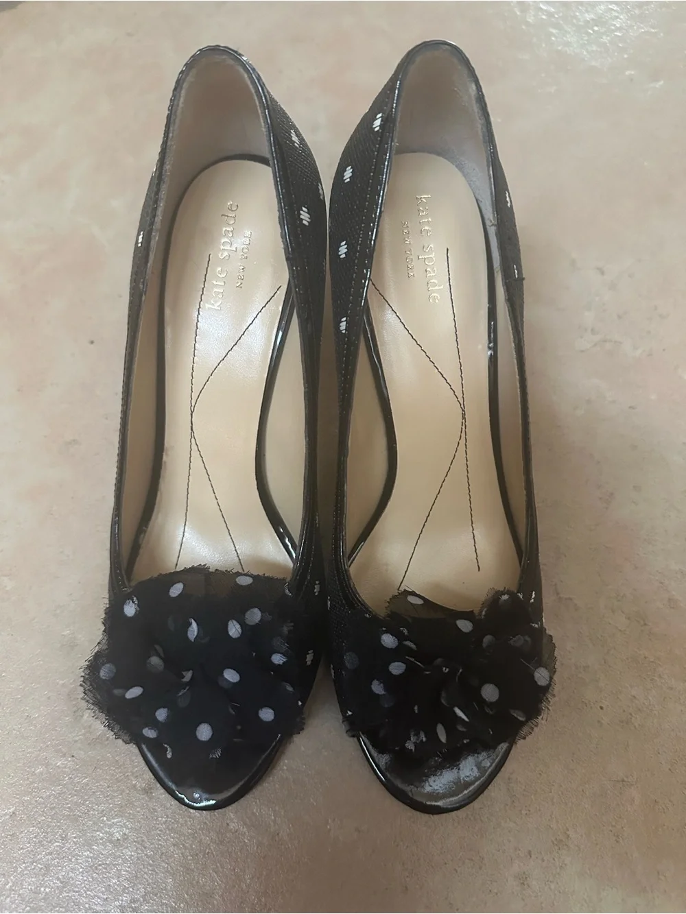 Kate Spade “Molly” Black Peep-Toe Pumps with Polka Dot Floral Rosettes